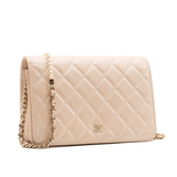 Chanel Iridescent Lambskin Quilted Pearl Wallet On Chain WOC Light Beige Pink