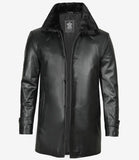 Men's 3/4 Black Real Leather Coat With Fur Collar