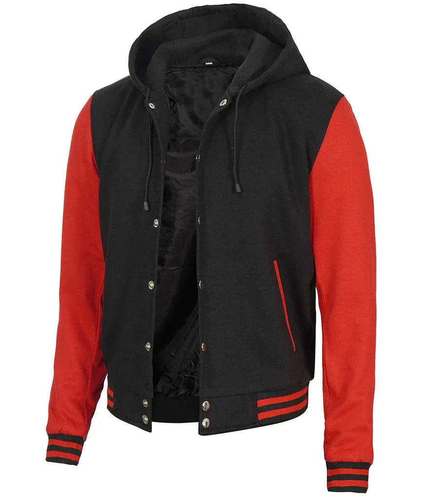 Men's Red and Black Varsity Letterman Jacket With Hood