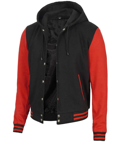 Men's Red and Black Varsity Letterman Jacket With Hood