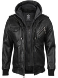 Men's Black Bomber Leather Jacket with Removable Hood