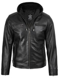 Men's Black Biker Style Leather Jacket with Removable Hood