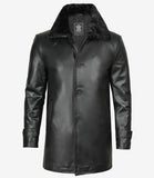Men's 3/4 Black Real Leather Coat With Fur Collar