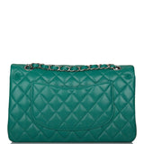 Chanel Shiny Green Quilted Caviar Medium Classic Double Flap Bag Silver Hardware