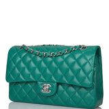 Chanel Shiny Green Quilted Caviar Medium Classic Double Flap Bag Silver Hardware