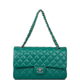 Chanel Shiny Green Quilted Caviar Medium Classic Double Flap Bag Silver Hardware