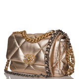 Chanel Gold Metallic Quilted Lambskin Medium 19 Flap Bag Mixed Hardware