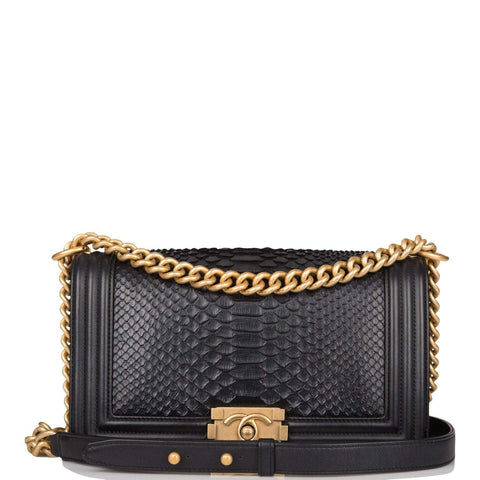 Pre-owned Chanel Black Python Medium Boy Bag Antique Gold Hardware