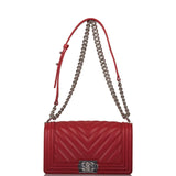 Chanel Red Chevron Caviar Medium Boy Bag Silver Hardware