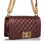 Chanel Plum Metallic Quilted Calfskin Small Boy Bag Antique Gold Hardware