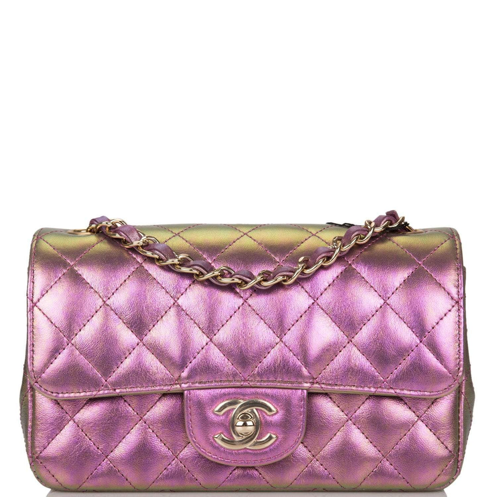 Chanel Mini Rectangular Flap Bag Purple Iridescent Lambskin Light Gold Hardware