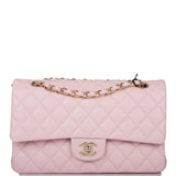 Chanel Rose Clair Quilted Caviar Medium Classic Double Flap Bag Light Gold Hardware