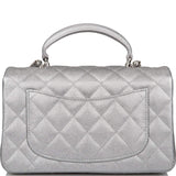 Chanel Silver Metallic Quilted Caviar Rectangular Mini Flap Bag with Top Handle Silver Hardware