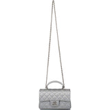 Chanel Silver Metallic Quilted Caviar Rectangular Mini Flap Bag with Top Handle Silver Hardware