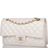 Chanel White Iridescent Quilted Lambskin Medium Classic Double Flap Bag Light Gold Hardware