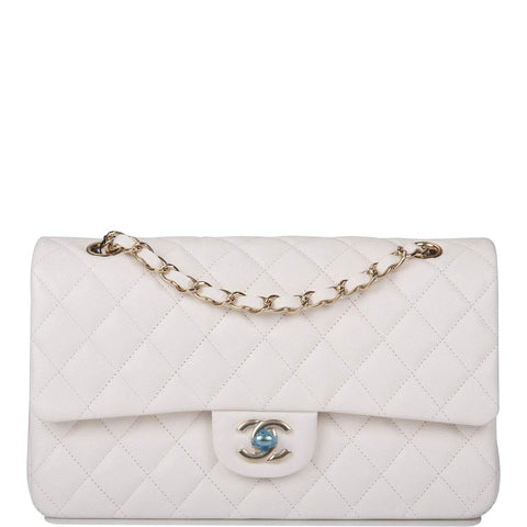 Chanel White Quilted Caviar Medium Classic Double Flap Bag Gold Hardware