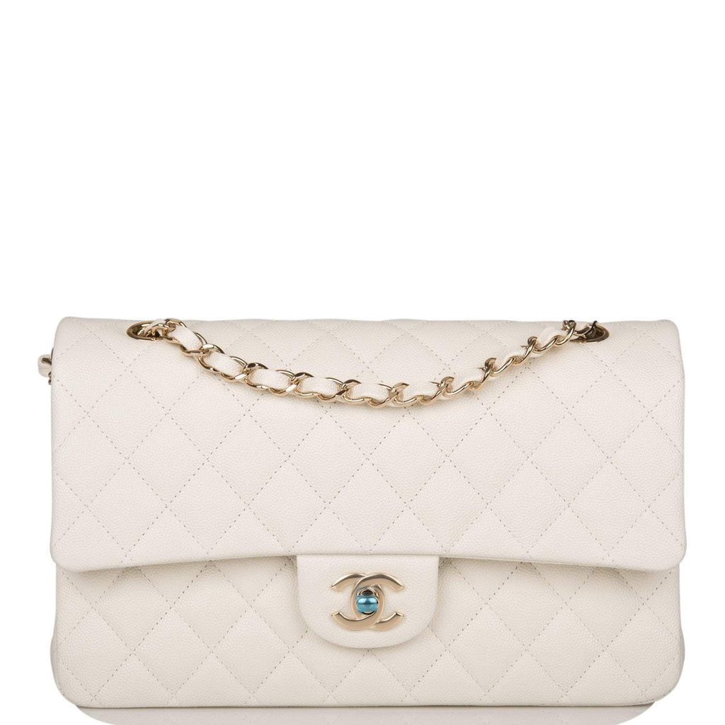 Chanel White Quilted Caviar Medium Classic Double Flap Bag Light Gold Hardware