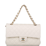 Chanel White Quilted Caviar Medium Classic Double Flap Bag Light Gold Hardware