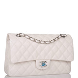 Chanel White Quilted Caviar Medium Classic Double Flap Bag Silver Hardware