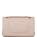 Chanel Shiny Beige Chevron Caviar Medium Classic Double Flap Bag Light Gold Hardware
