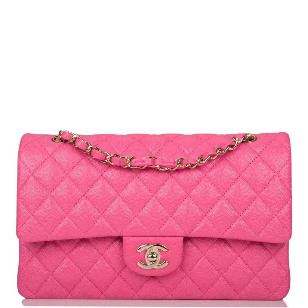 Chanel Pink Quilted Caviar Medium Classic Double Flap Bag Light Gold Hardware