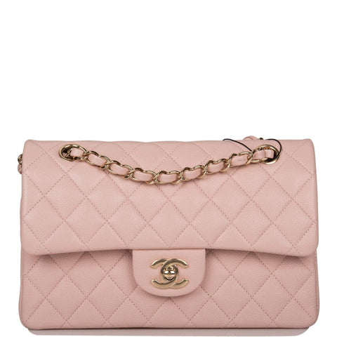 Chanel Rose Clair Quilted Caviar Small Classic Double Flap Bag Light Gold Hardware