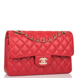 Chanel Red Quilted Lambskin Small Classic Double Flap Bag Light Gold Hardware