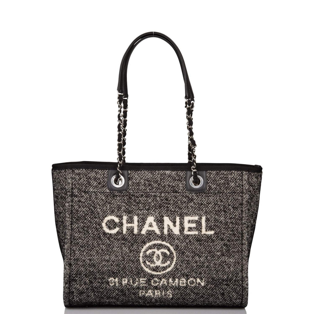 Chanel Small Deauville Shopping Bag Black Wool Silver Hardware