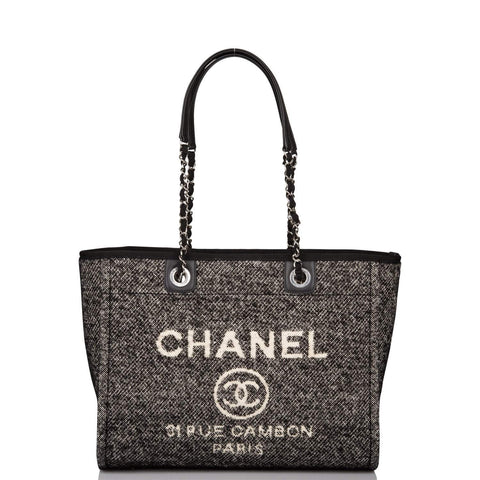 Chanel Small Deauville Shopping Bag Black Wool Silver Hardware