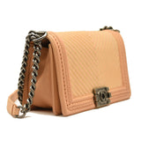 CHANEL Calfskin Chevron Quilted Medium Braided Boy Flap Beige