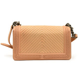 CHANEL Calfskin Chevron Quilted Medium Braided Boy Flap Beige