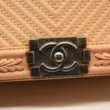CHANEL Calfskin Chevron Quilted Medium Braided Boy Flap Beige