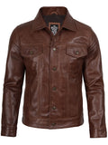 Fernando Men's Cognac Wax Harrington Leather Trucker Jacket