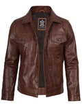 Fernando Men's Cognac Wax Harrington Leather Trucker Jacket