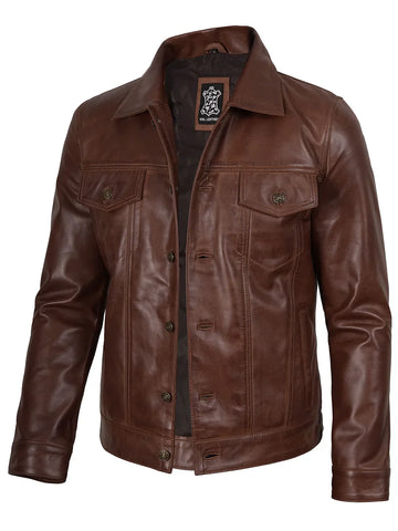 Fernando Men's Cognac Wax Harrington Leather Trucker Jacket