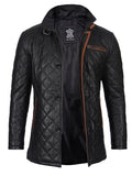 Glen Mens Black Quilted Leather Car Coat