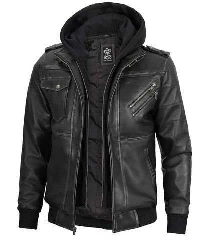 Men's Bomber Dark Grey Leather Jacket with Removable Hood