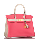 Hermes Birkin 30cm Bi-Color Craie and Rose Azalee Epsom Brushed Gold Hardware