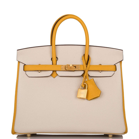 Hermes Horseshoe Stamp (HSS) Bi-Color Craie and Jaune Ambre Togo Birkin 25cm Brushed Gold Hardware