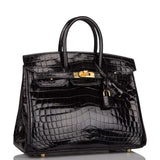 Hermes Black Shiny Niloticus Crocodile Birkin 25cm Gold Hardware