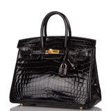 Hermes Black Shiny Niloticus Crocodile Birkin 25cm Gold Hardware