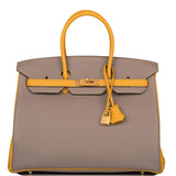 Hermes Birkin 35 Etoupe and Jaune Ambre Togo Brushed Gold Hardware