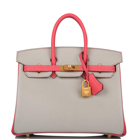 Hermes Birkin 25 Gris Perle and Rose Azalee Chèvre Brushed Gold Hardware