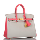 Hermes Birkin 25 Gris Perle and Rose Azalee Chèvre Brushed Gold Hardware
