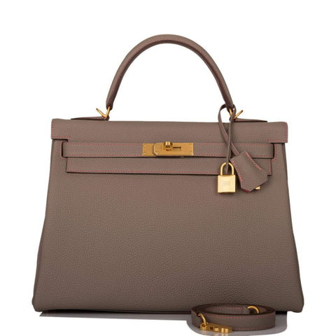 Hermes Horseshoe Stamp (HSS) Gris Asphalte Verso Togo Retourne Kelly 32cm Brushed Gold Hardware