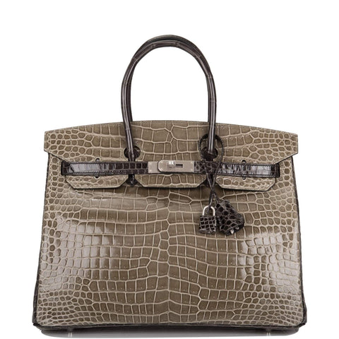 Hermes  Birkin 35cm Bi-Color Gris Tourterelle and Graphite Shiny Porosus Crocodile Brushed Palladium Hardware