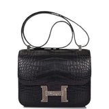 Hermes Black Matte Alligator and Ombre Lizard Marquette Constance 24cm Palladium Hardware