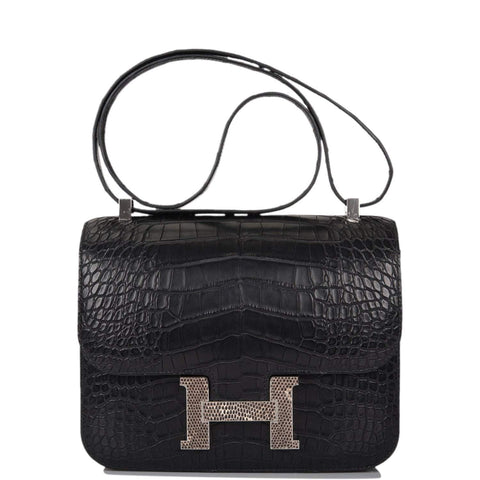 Hermes Black Matte Alligator and Ombre Lizard Marquette Constance 24cm Palladium Hardware
