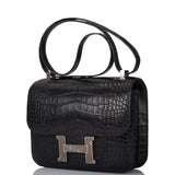 Hermes Black Matte Alligator and Ombre Lizard Marquette Constance 24cm Palladium Hardware
