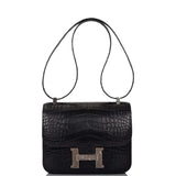 Hermes Black Matte Alligator and Ombre Lizard Marquette Constance 24cm Palladium Hardware